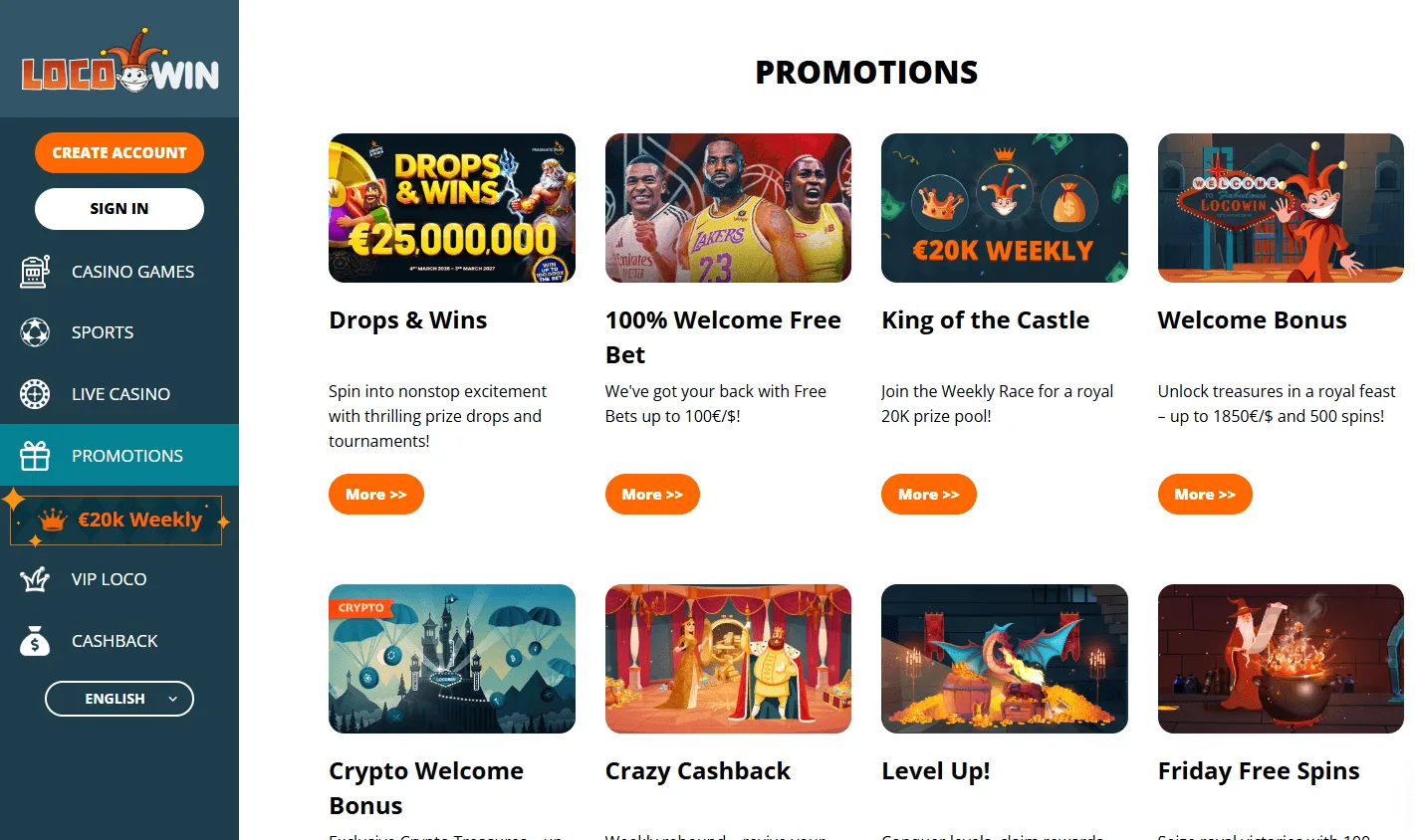 Locowin Casino desktop promotions interface