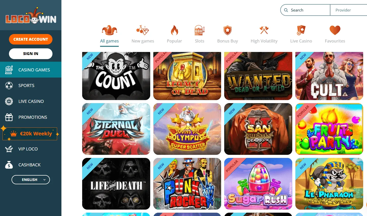 Locowin Casino desktop games interface