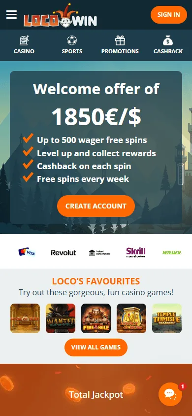Locowin Casino mobile browser home interface